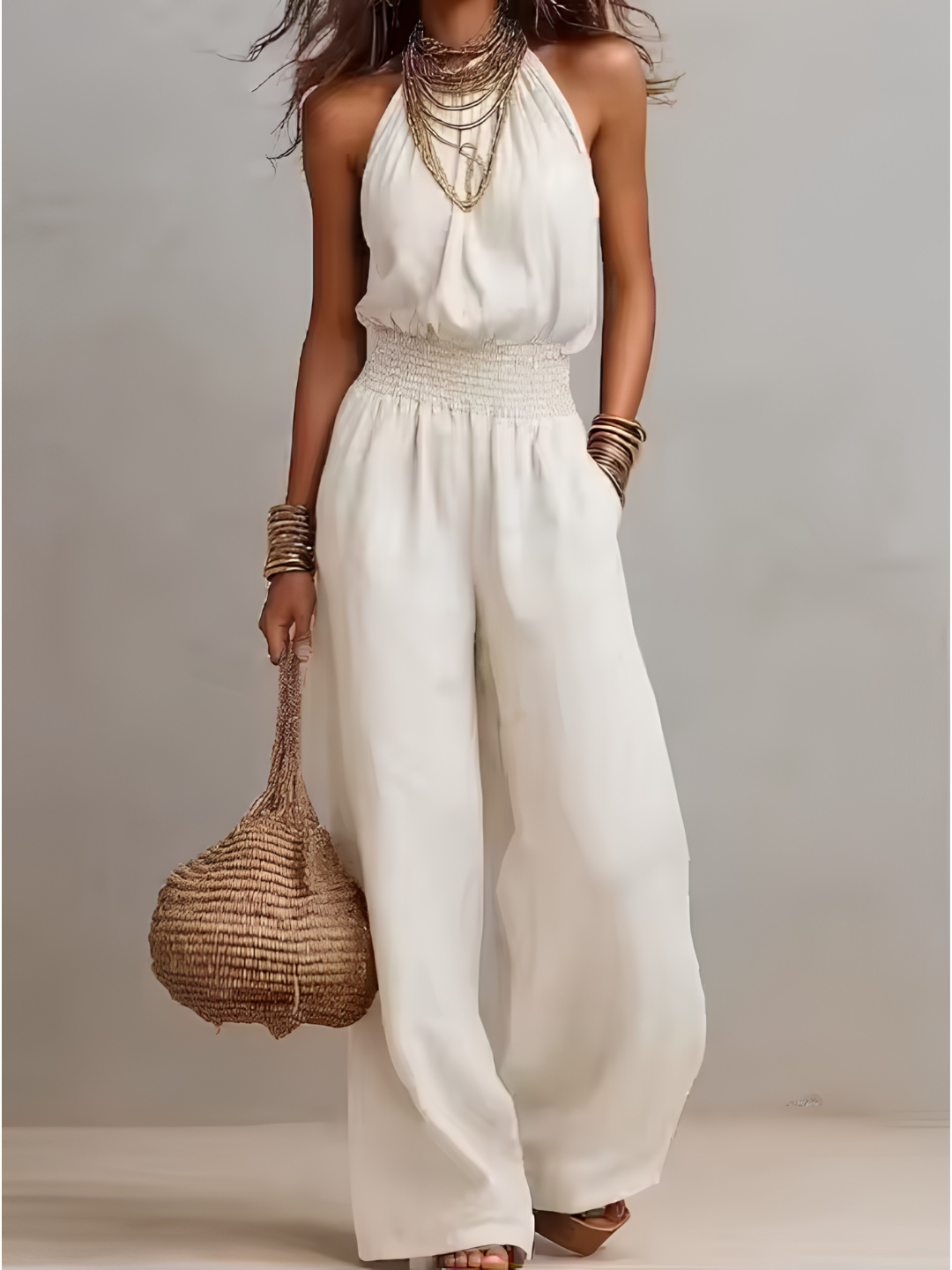 Elenie - Lightweight Halter-Neck Jumpsuit - Khaki