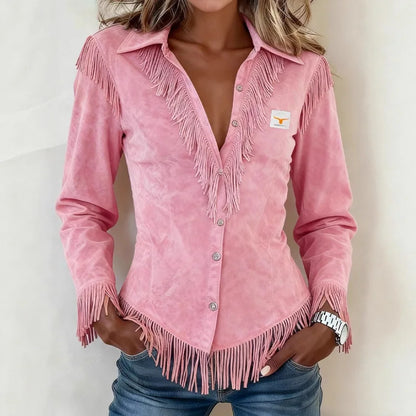 Zanea - Soft-Touch Fringed Button-Up Blouse - Pink