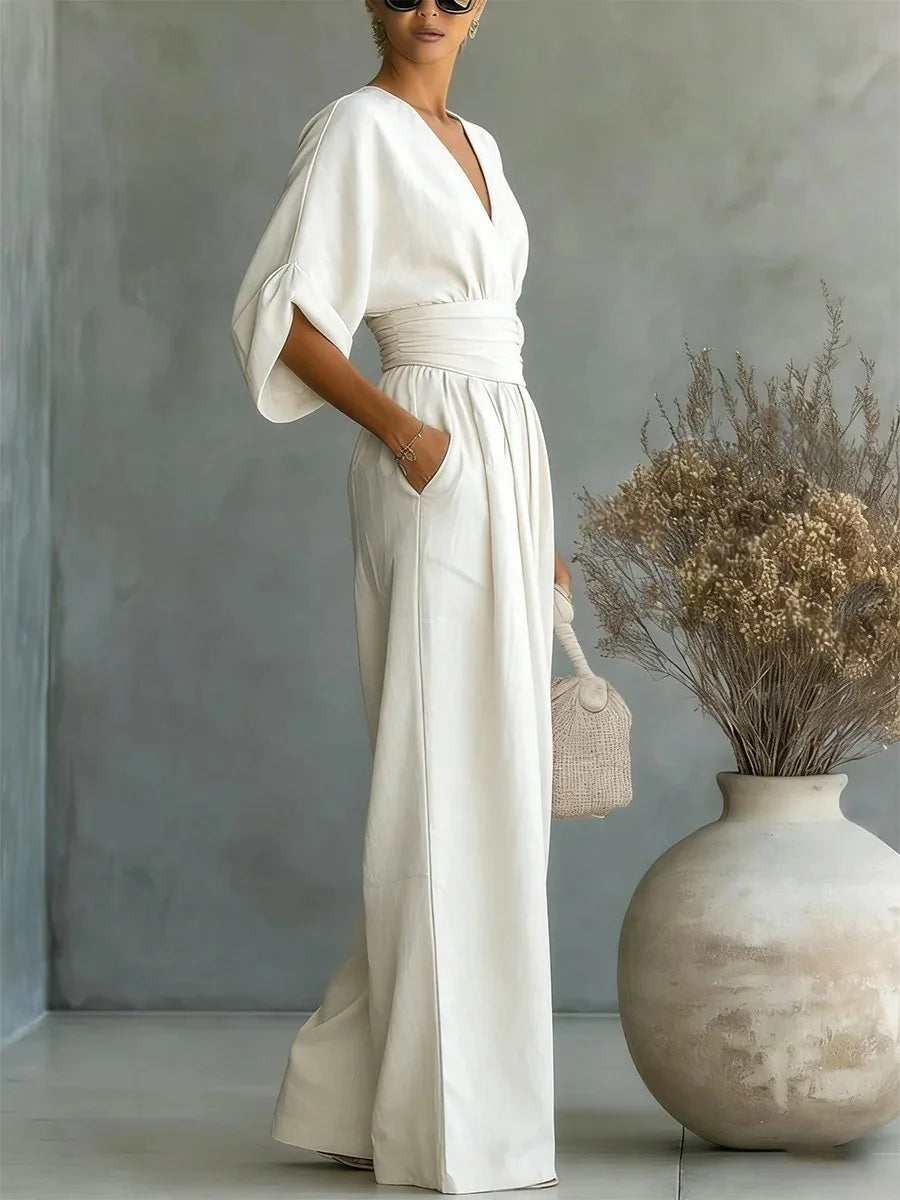 Solavie - Fluid Wide-Leg Jumpsuit - White
