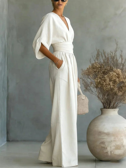 Solavie - Fluid Wide-Leg Jumpsuit - White