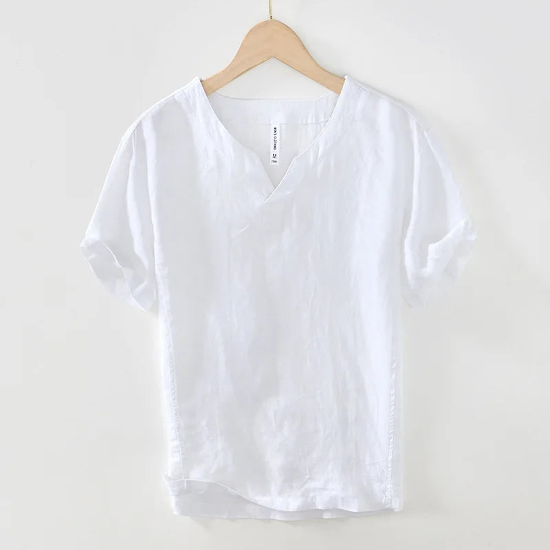 Hynara - Breezy Linen V-Neck Shirt - Green