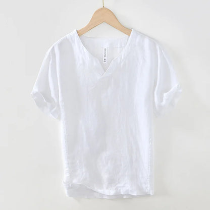 Hynara - Breezy Linen V-Neck Shirt - Green
