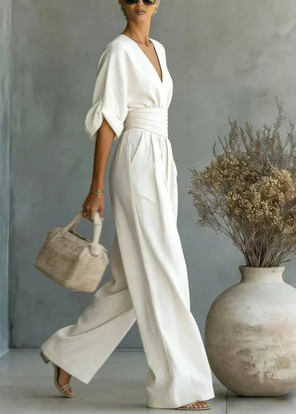 Solavie - Fluid Wide-Leg Jumpsuit - White