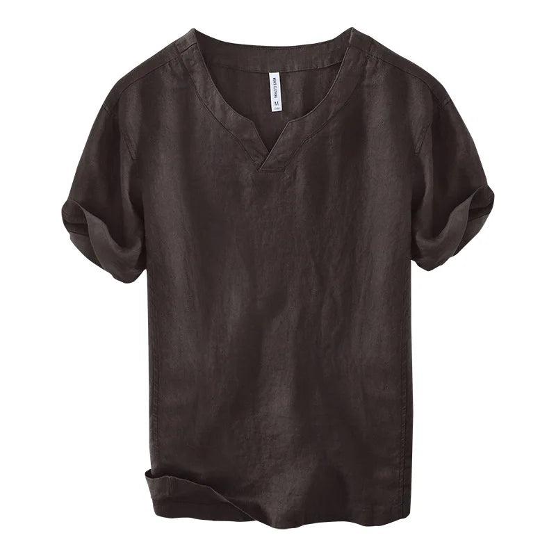 Hynara - Breezy Linen V-Neck Shirt - Brown