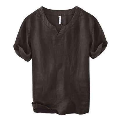 Hynara - Breezy Linen V-Neck Shirt - Brown