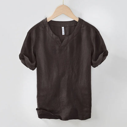 Hynara - Breezy Linen V-Neck Shirt - Green