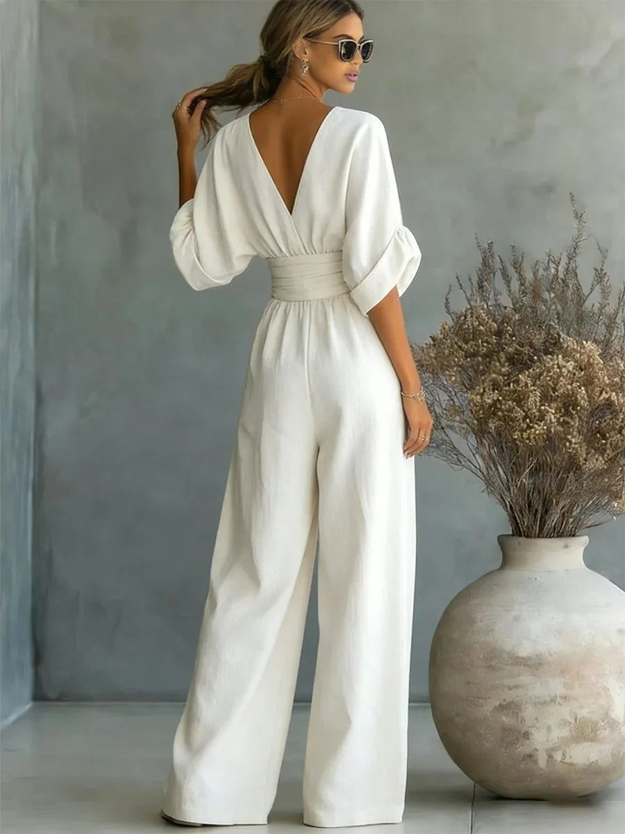 Solavie - Fluid Wide-Leg Jumpsuit - White