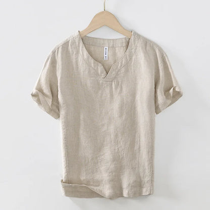 Hynara - Breezy Linen V-Neck Shirt - Green