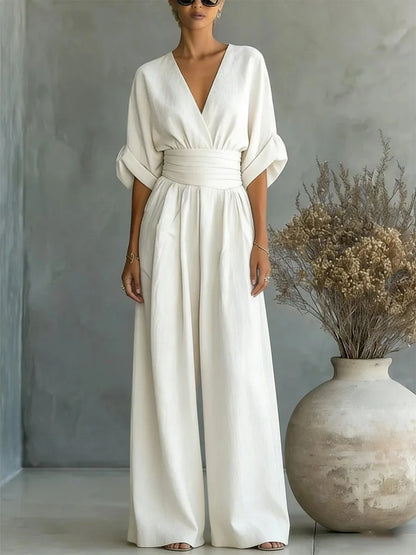 Solavie - Fluid Wide-Leg Jumpsuit - White