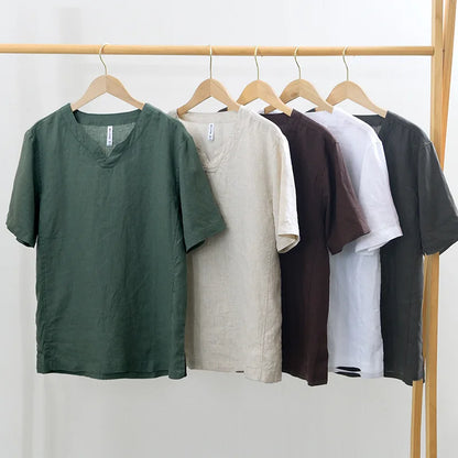 Hynara - Breezy Linen V-Neck Shirt - Brown