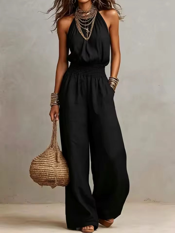 Elenie - Lightweight Halter-Neck Jumpsuit - Khaki