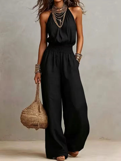 Elenie - Lightweight Halter-Neck Jumpsuit - Khaki