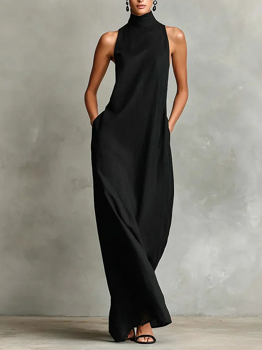 Orietta - Sleeveless High Neck Maxi Dress - Obsidian Black