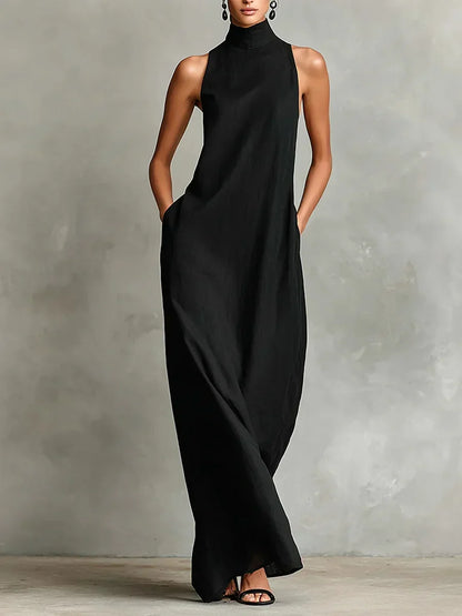 Orietta - Sleeveless High Neck Maxi Dress - Obsidian Black