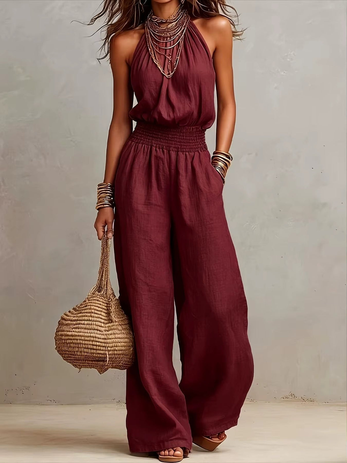 Elenie - Lightweight Halter-Neck Jumpsuit - Khaki