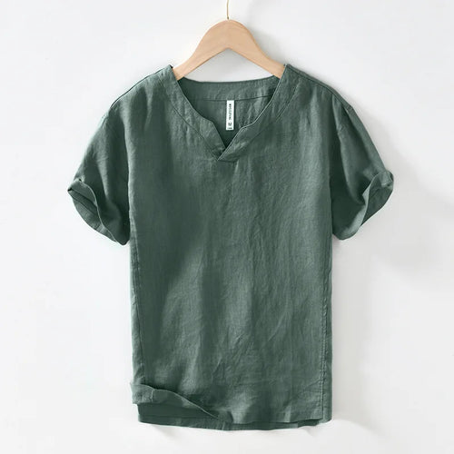Hynara - Breezy Linen V-Neck Shirt - Green