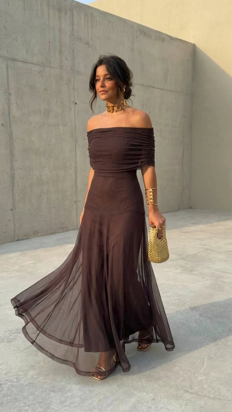 Zailyre - Soft-Touch Off-Shoulder Dress - Brown