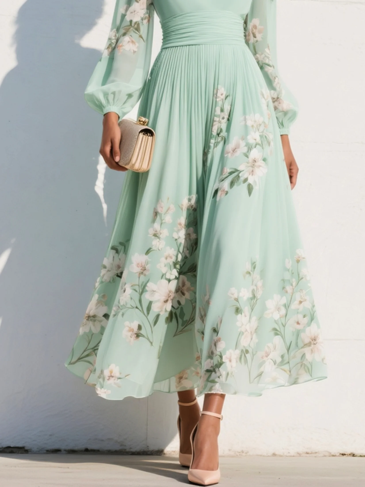 Maribel - Soft-Touch V-Neck Pleated Dress - Light Green