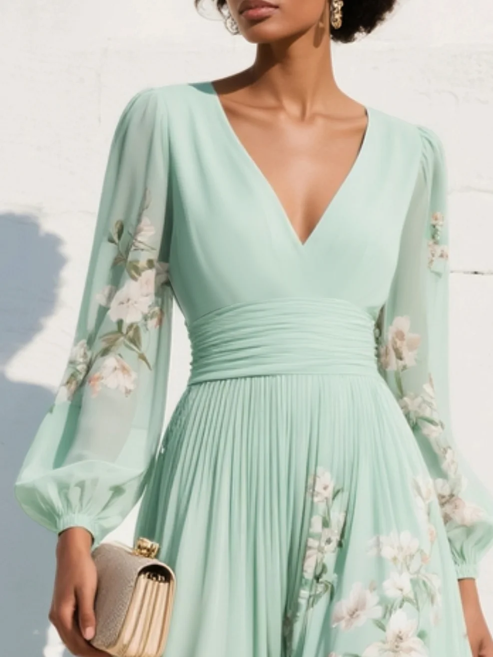 Maribel - Soft-Touch V-Neck Pleated Dress - Light Green