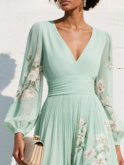 Maribel - Soft-Touch V-Neck Pleated Dress - Light Green