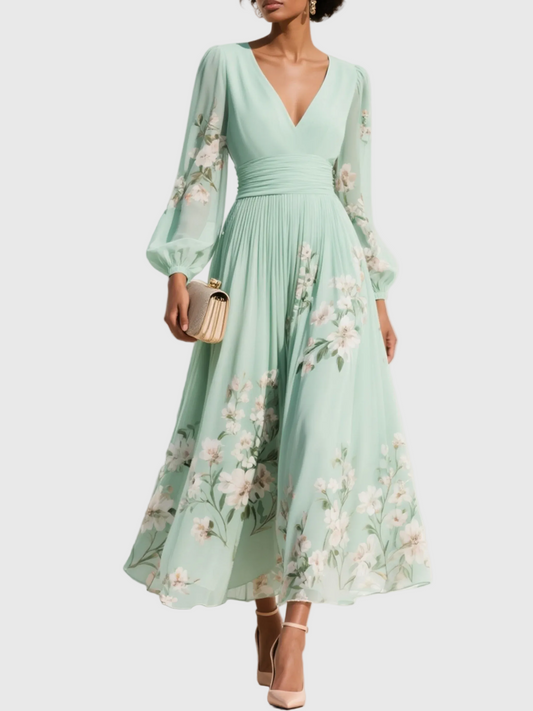 Maribel - Soft-Touch V-Neck Pleated Dress - Light Green