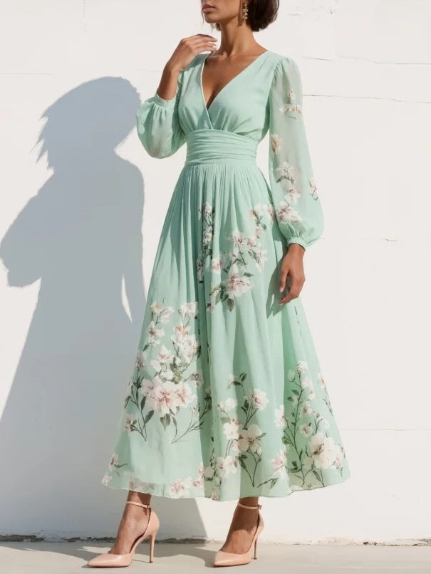 Maribel - Soft-Touch V-Neck Pleated Dress - Light Green