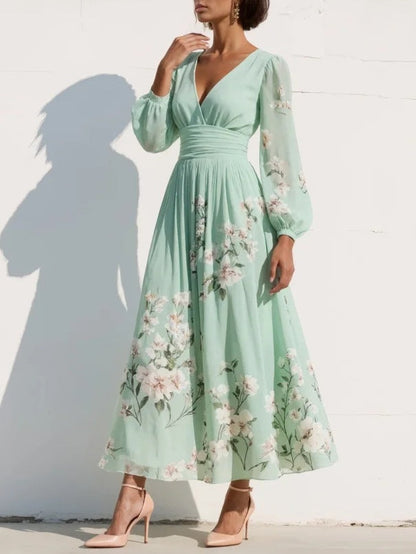 Maribel - Soft-Touch V-Neck Pleated Dress - Light Green