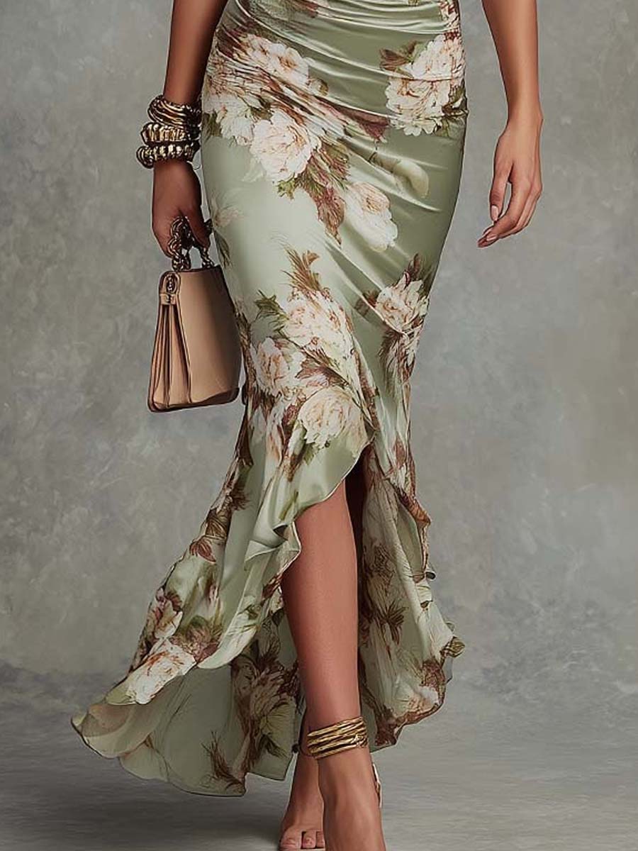 Osyra - Silky V-Neck Floral Dress - Green