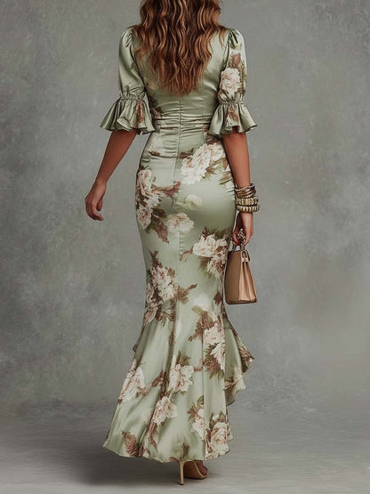 Osyra - Silky V-Neck Floral Dress - Green