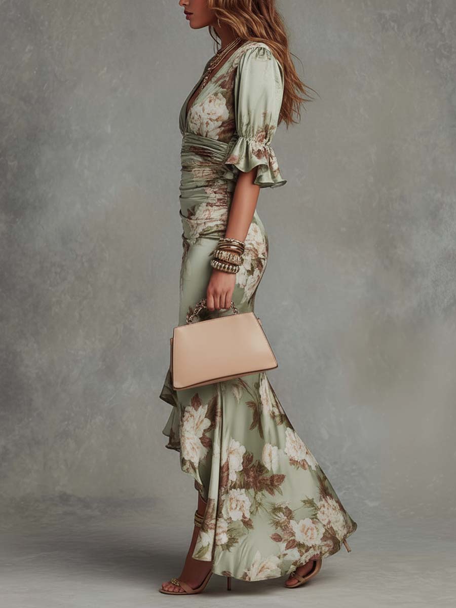 Osyra - Silky V-Neck Floral Dress - Green