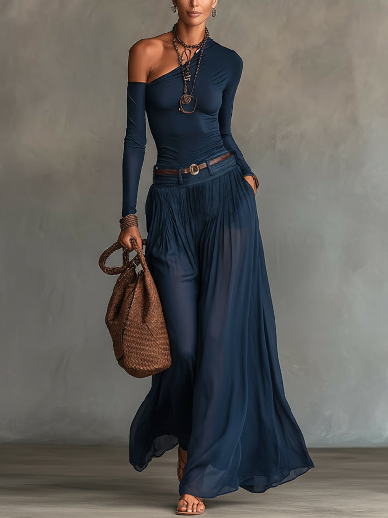 Ensley - Elegant One-Shoulder Top and Skirt Set - Navy