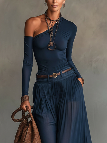 Ensley - Elegant One-Shoulder Top and Skirt Set - Navy