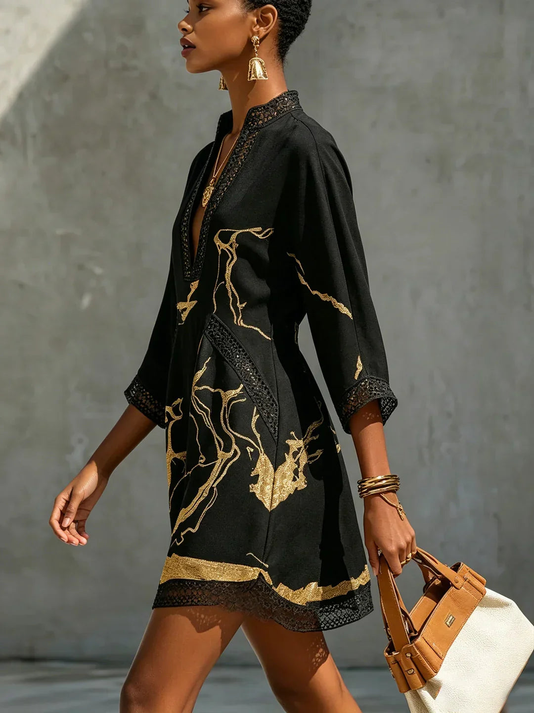 Emmerly - Luxe Marble-Print A-Line Dress - Black