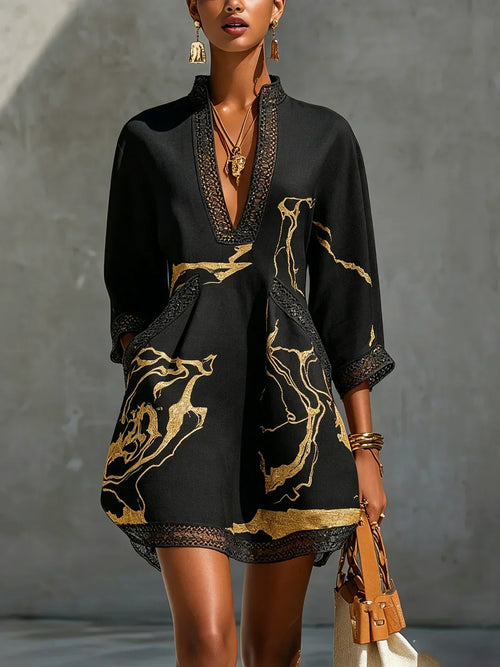 Emmerly - Luxe Marble-Print A-Line Dress - Black