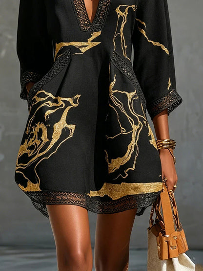Emmerly - Luxe Marble-Print A-Line Dress - Black