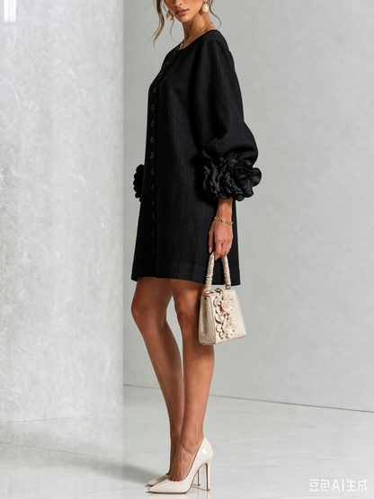 Elovienne - Textured Linen Mini Dress - Navy