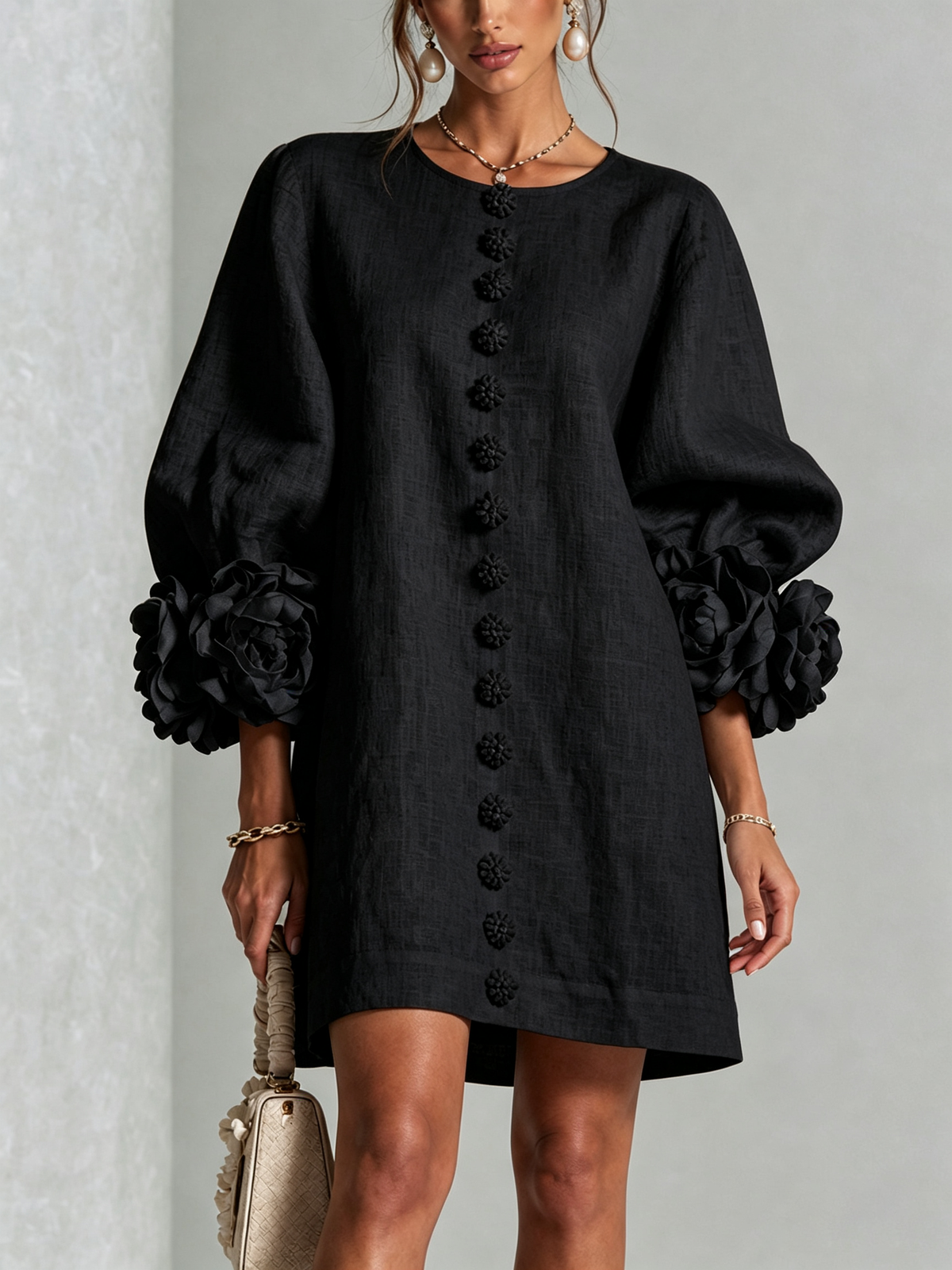 Elovienne - Textured Linen Mini Dress - Navy