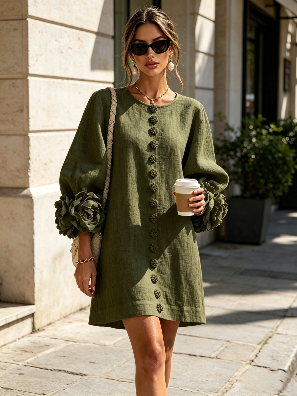 Elovienne - Textured Linen Mini Dress - Olive