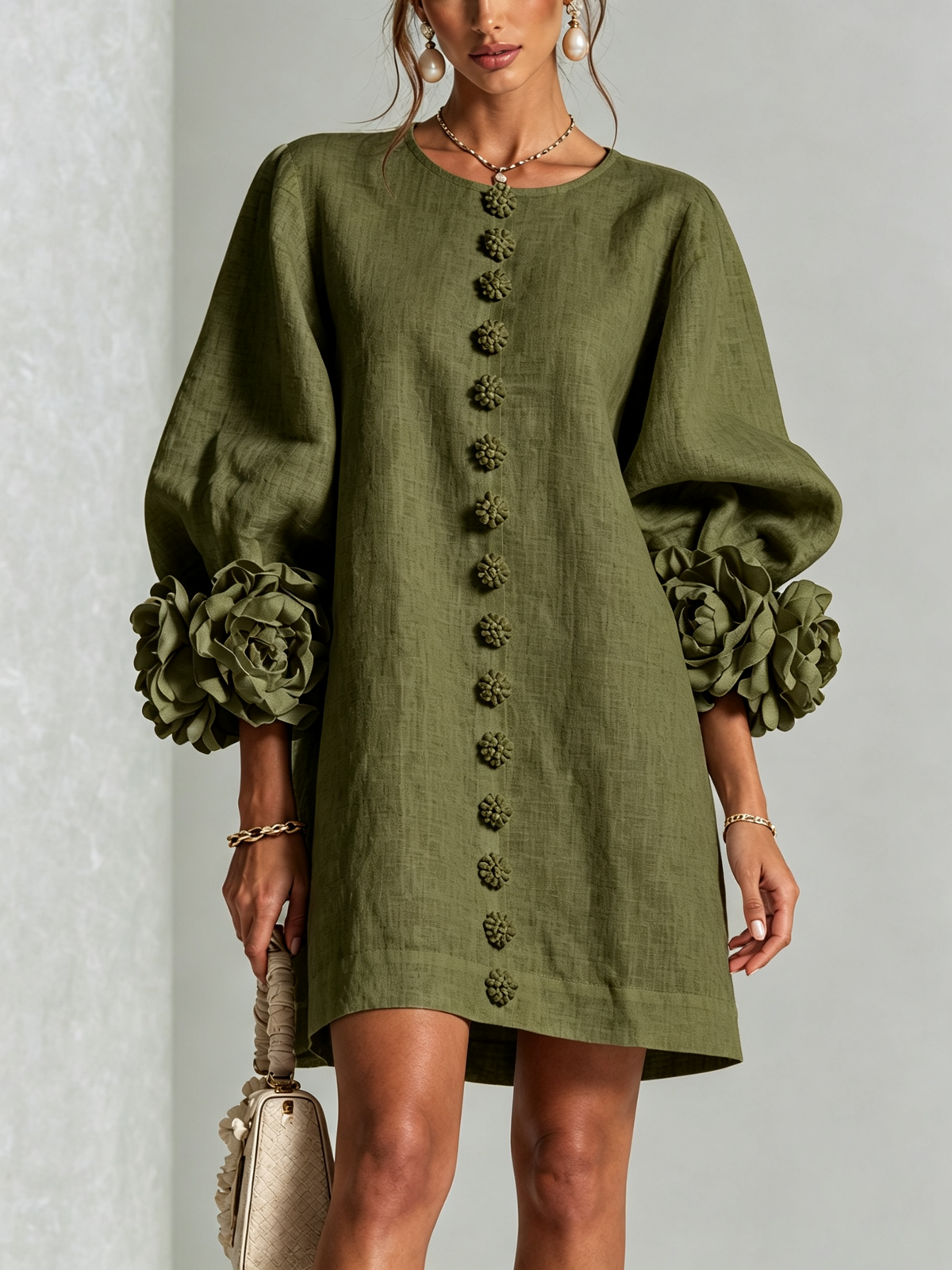 Elovienne - Textured Linen Mini Dress - Olive