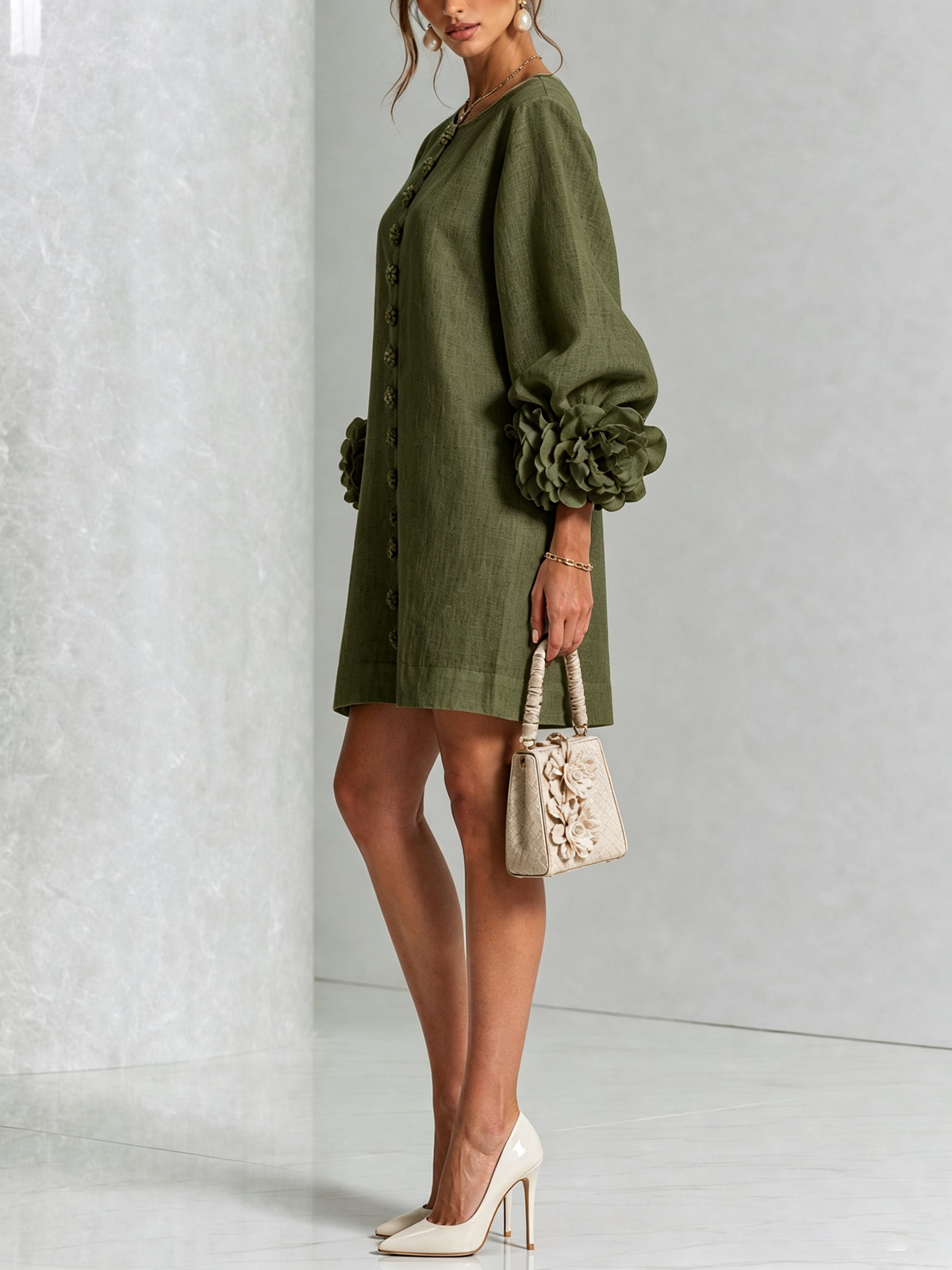 Elovienne - Textured Linen Mini Dress - Olive