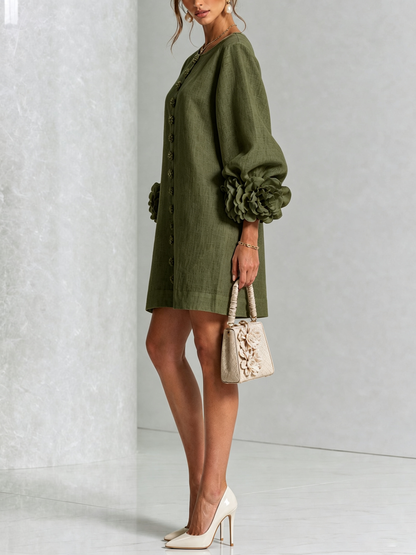 Elovienne - Textured Linen Mini Dress - Olive