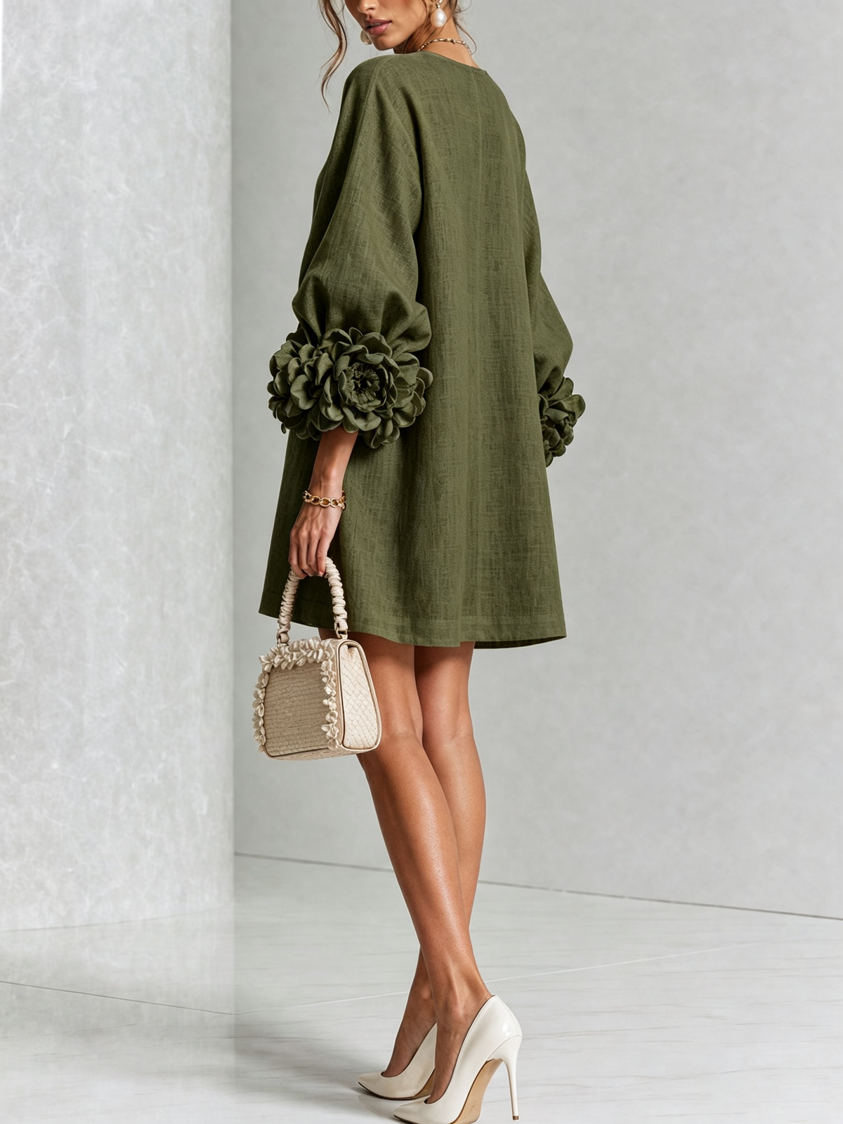Elovienne - Textured Linen Mini Dress - Olive