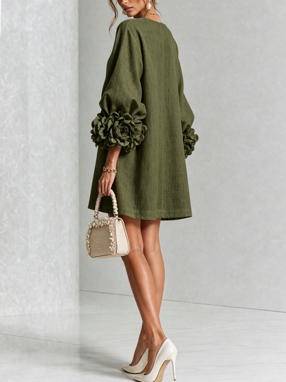 Elovienne - Textured Linen Mini Dress - Olive