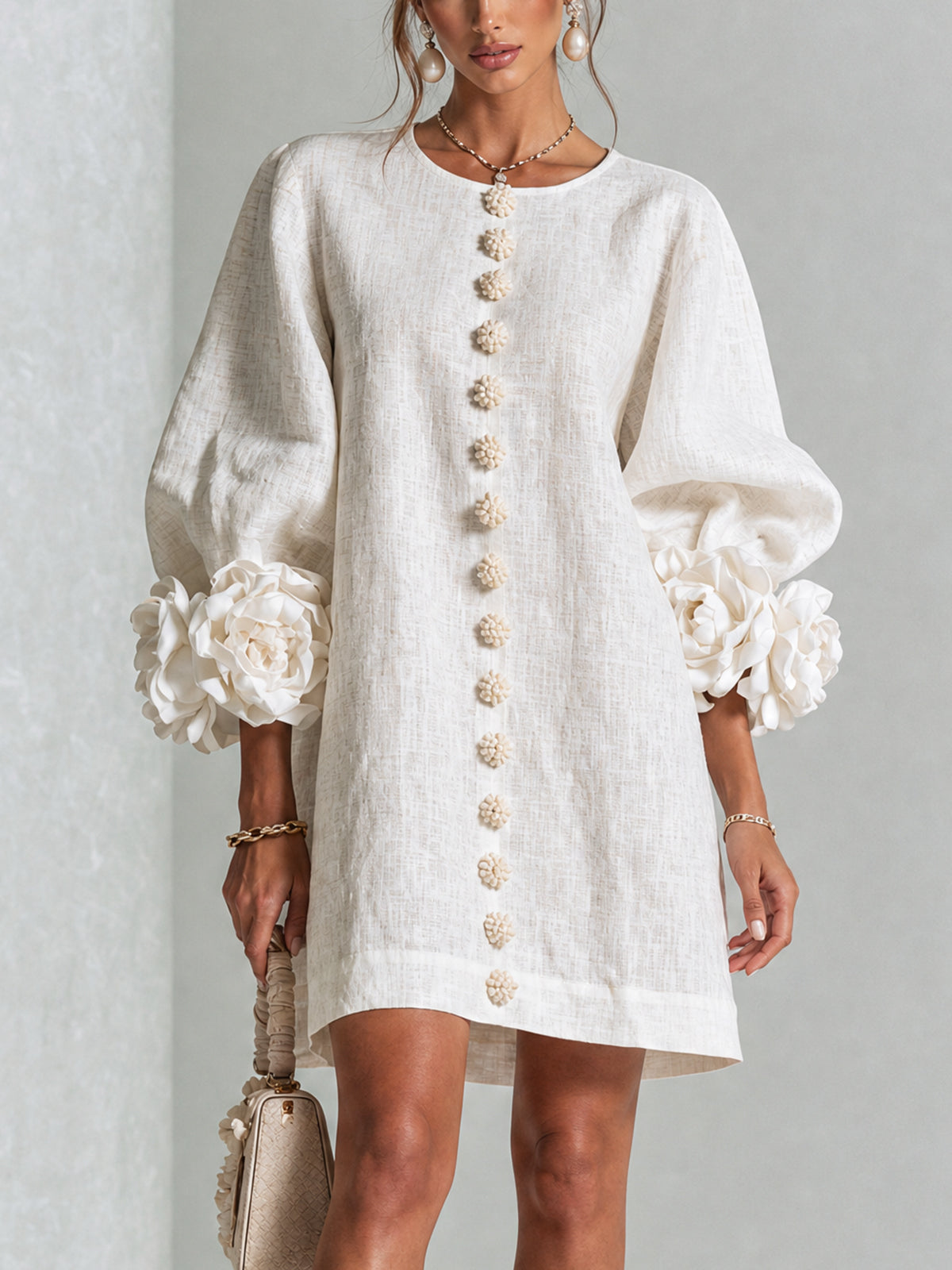 Elovienne - Textured Linen Mini Dress - White
