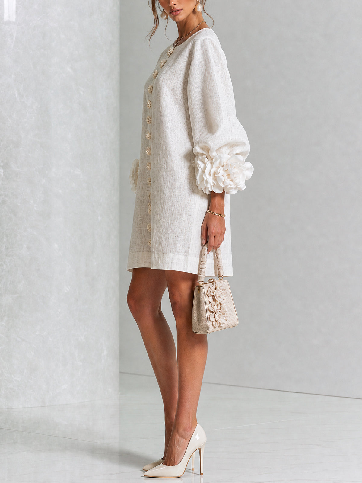 Elovienne - Textured Linen Mini Dress - White