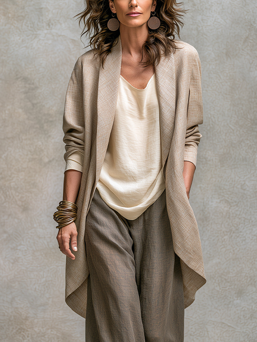 Isolenne - Premium Three-Piece Wide-Leg Pantsuit Set - Taupe