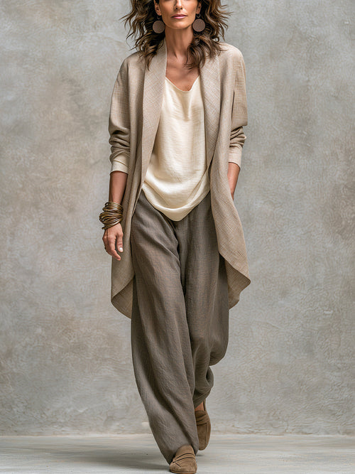 Isolenne - Premium Three-Piece Wide-Leg Pantsuit Set - Taupe
