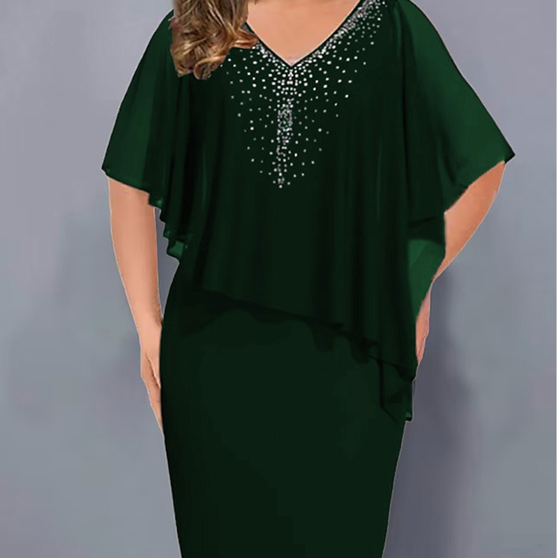 Lirienne - Premium Rhinestone V-Neck Midi Dress - Black
