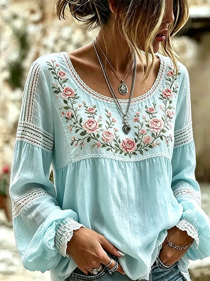 Tressalia - Embroidered Linen Blouse - Pink