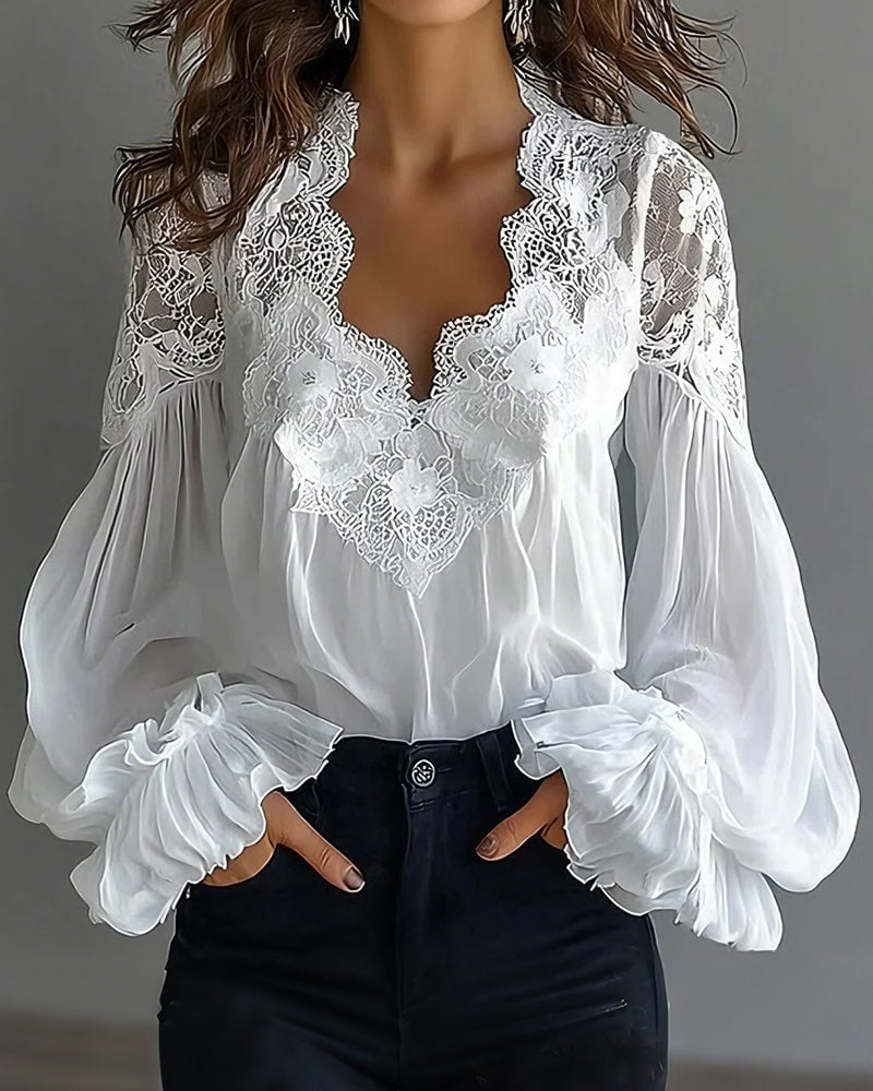Celinrae - V-Neck Lace Long Sleeve Blouse - White